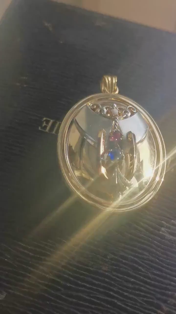 Victorian 1870s Gold-Plated Silver Photo Locket, Ruby Sapphire Paste Two-Photo Pendant, Antique Jewelry, HTS 9706