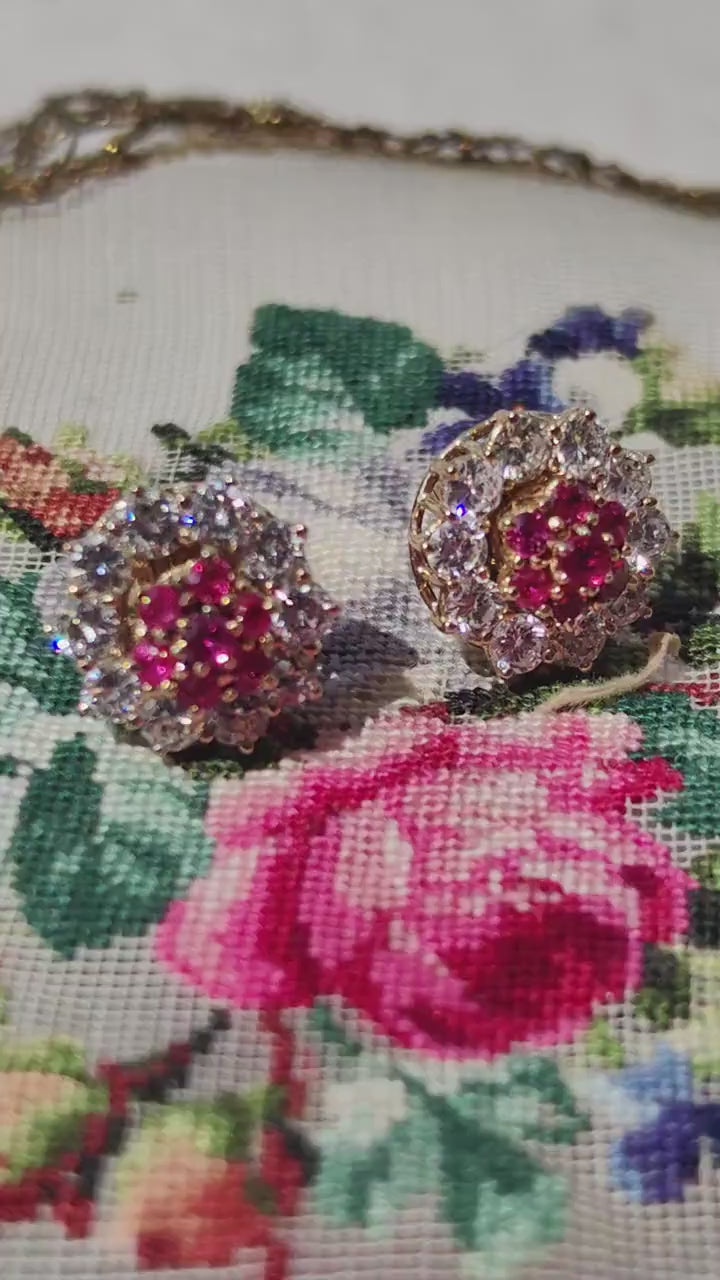Vintage 1950s Ruby Diamond Convertible Cluster Earrings, 18K Gold Removable Jackets, Mid Century