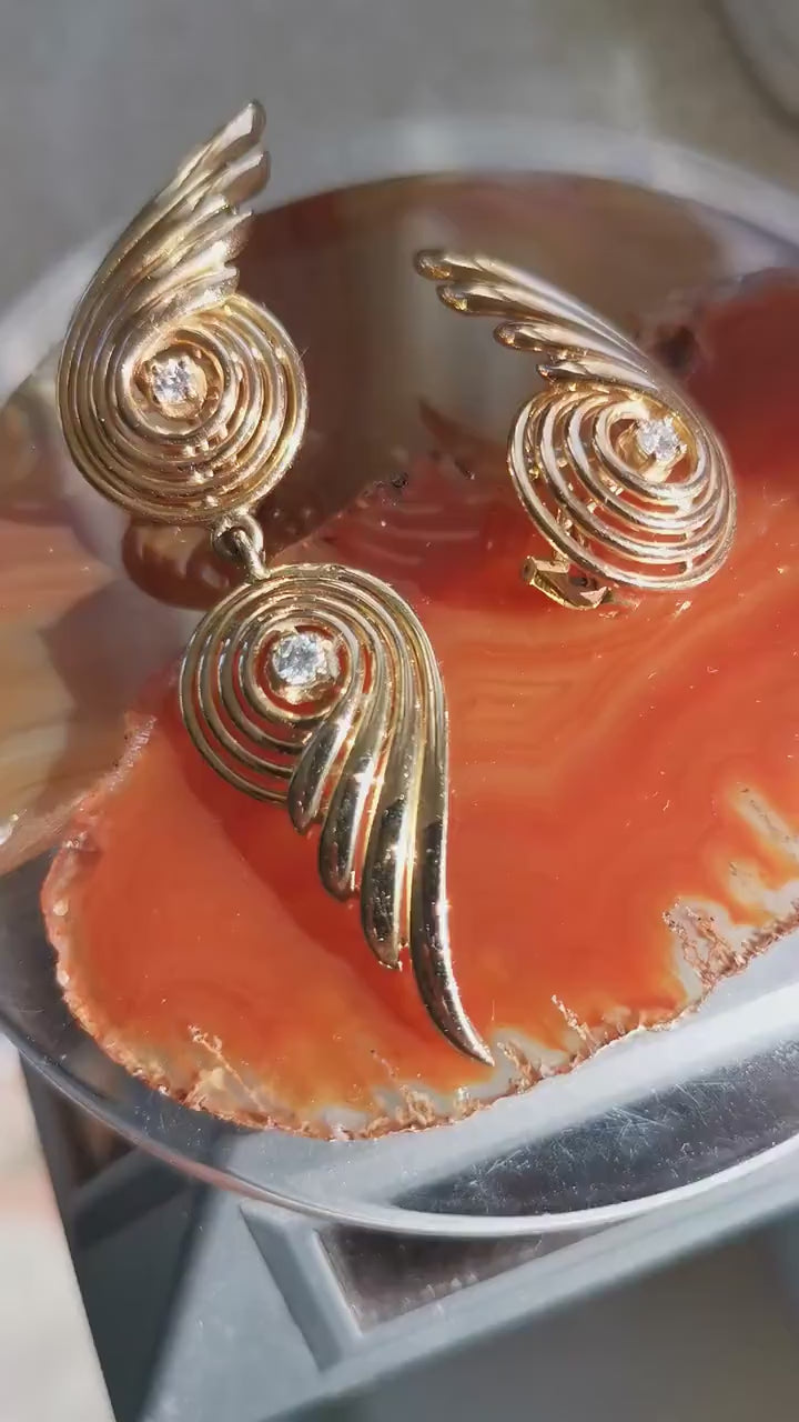 Antique 1920s Art Deco Asymmetrical Diamond Earrings, 18K Gold Sculptural Spiral Drops, 0.24ct Diamonds, 18.5g, HTS 9706
