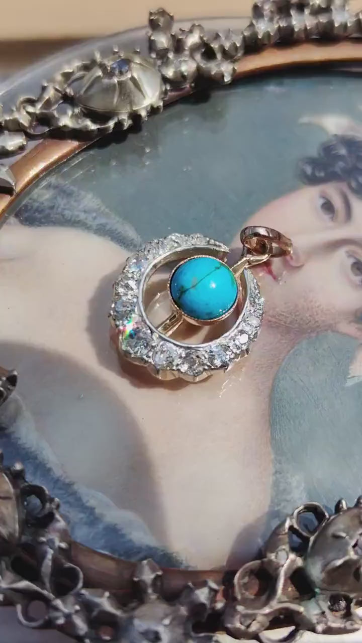 Antique 1900s Art Nouveau Turquoise Diamond Crescent Moon Pendant, 14K Gold 0.48ct Old European Cut, HTS 9706