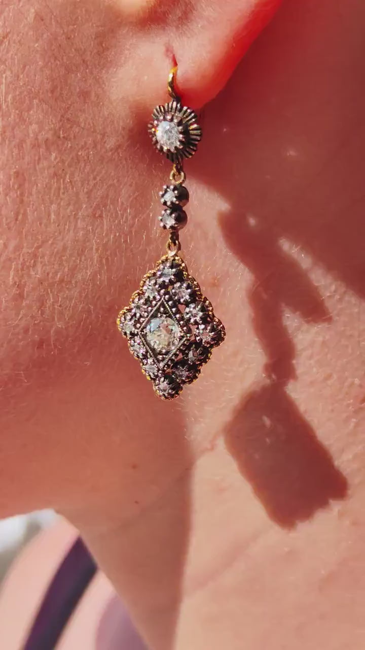 Antique 1920s 1.40ct Diamond Dangle Earrings, 18K Gold with Silver-Set Old European Cuts, HTS 9706