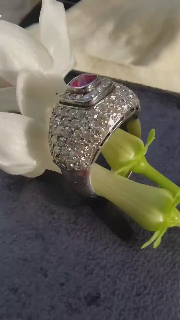 Antique 1920s Art Deco Ruby Diamond Bombé Ring, Platinum Pavé Dome Cocktail Ring, 0.45ct Ruby 0.95ct Diamonds, HTS 9706